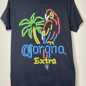 Corona Black Tee with Neon Parrot Design